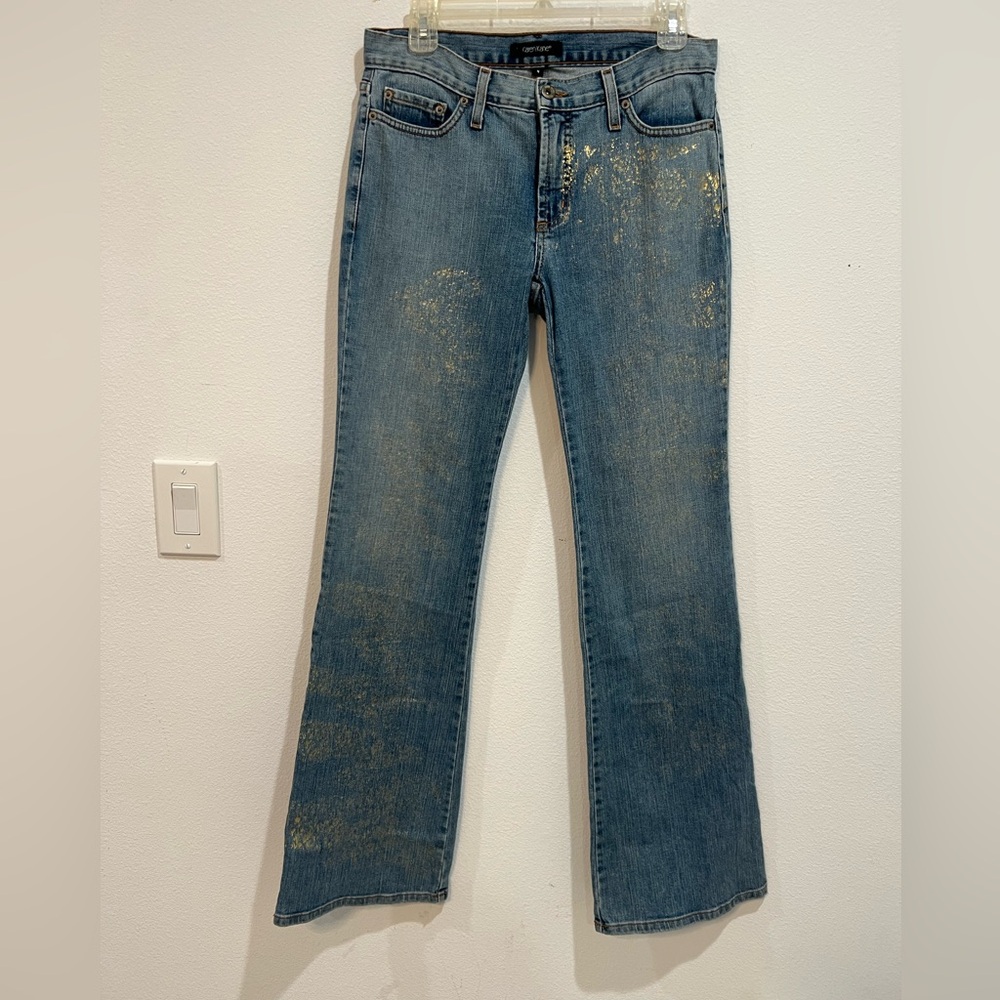 Karen Kane Gold Splatter Jeans Size 4 Tall Bootcut Medium Wash 32” Inseam